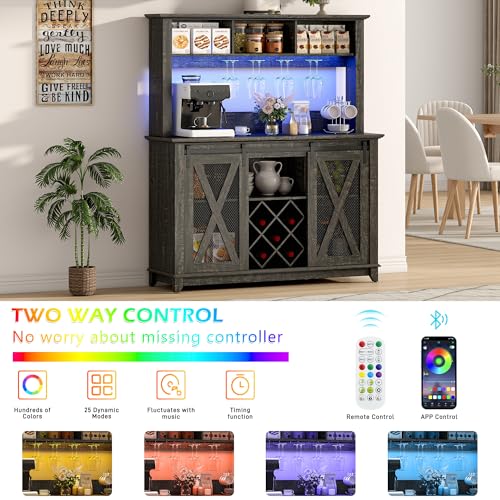 47"Wide 56"H Farmhouse Coffee Bar Cabinet with Power Outlet and LED Light
