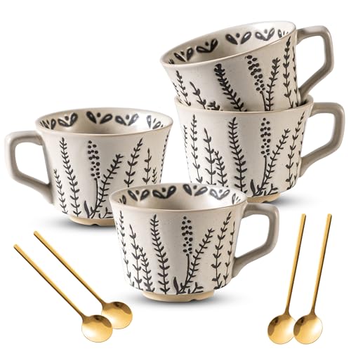 Ceramic Latte Mug Set of 4 with Gold Spoon (4 Count)