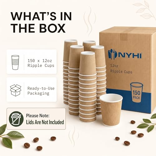 150 10 oz Ripple Kraft Paper Cups Brown Hot Cold Cups 3 Layer Rippled Small Insulated Disposable Coffee Cups for Cappuccino Hot Cocoa or Iced Drinks (150 Count)