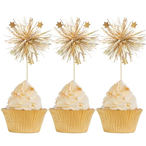 30Pcs Foil Firework Cupcake Toppers Happy Birthday Cake Toppers Sparkle Tinsel Flower Drink Stirrers Cocktail Food Fruit Toothpicks for Valentine's Day Party Supplies Gold (20 Count)