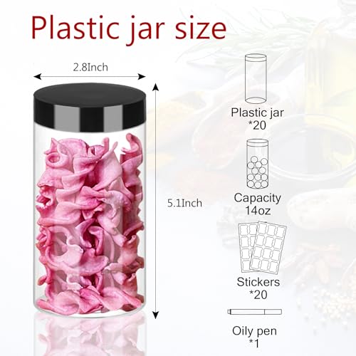 Plastic Jars with Lids 20Pcs 14 oz Clear Plastic Slime Storage Jars Containers with Airtight Leak Proof Black Plastic Screw On Lids Cylinder Clear Round Jar Food Grade Durable PET Jar (20 Count)