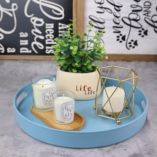 Round Blue Decorative Serving Tray with Handles