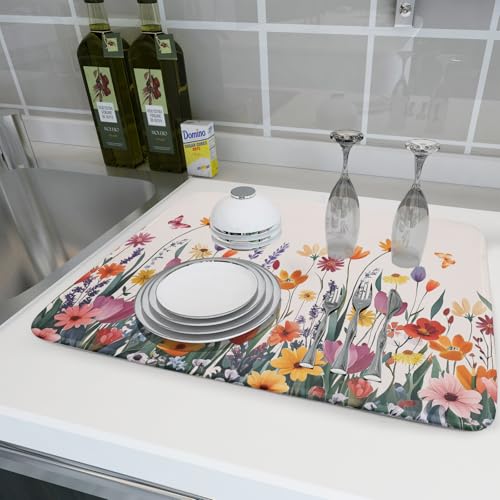 Spring Summer Flowers Dish Drying Mat for Kitchen Counter 18"x24" Colorful Floral Drying Mat Soft Absorbent Microfiber Farmhouse Fluttering Butterfly Dish Drainer Rack Mats for Counter tops