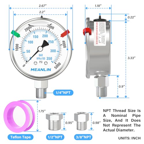 0~5000Psi Stainless Steel Liquid Filled Pressure Gauge 2.5" FACE DIAL 1