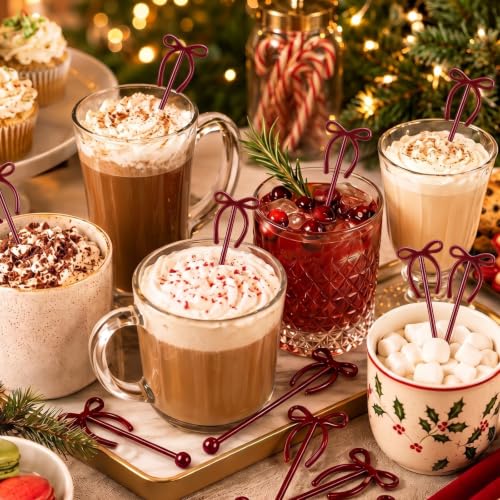 30 Pcs Christmas Drink Stirrers Burgundy Bow Stir Sticks (30 Count)