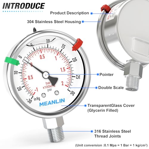 30inHG~30Psi Vacuum Pressure Gauge 316 Stainless Steel Joint 1
