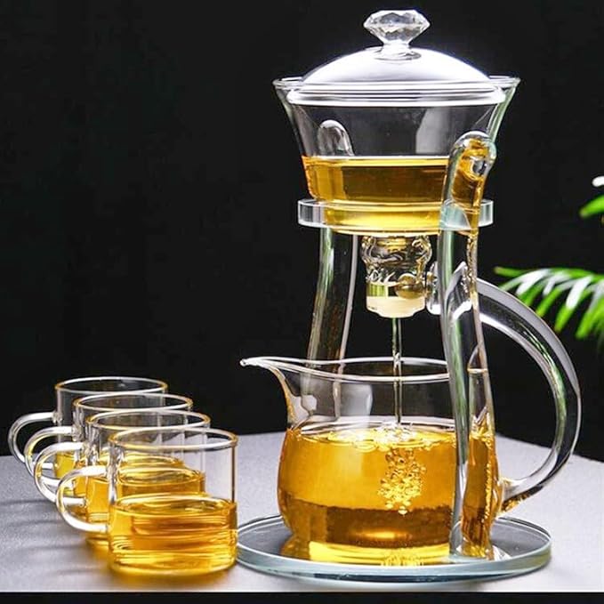MOZEO Lazy Kungfu Teapot Glass Semi-automatic Tea Maker Suction Automatic Water Brewing Teapot Office Flower Glass Tea Set with 6pcs Cups