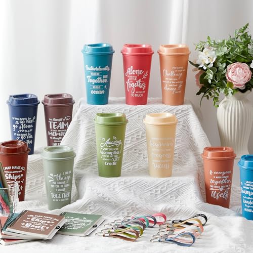 12 Set 48 Pcs Team Appreciation Gifts Bulk Team Thank You Gift Set 16 oz Coffee Cups Thank You Mini Spiral Notebooks Pens Keychains for Staff Teacher (48 Count)