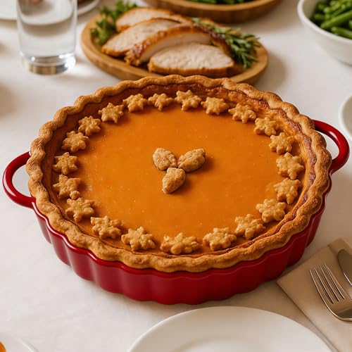 10×2in Deep Ceramic Pie Pan with Handles for Pie Quiche Tart Baking. Easy to grip