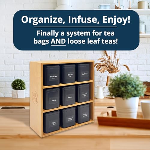 Tea Organizer Rack with 9 Tins & 160 Magnetic Labels