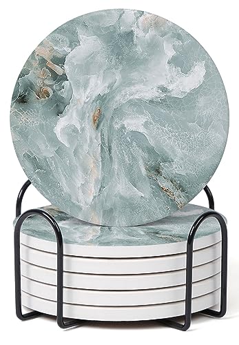 Set of 6 Abstract Marble Coasters with Holder (6 Count)