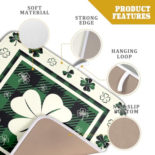Patrick Clovers Dish Drying Mat 16"x18" Lucky Shamrock Spring Leaf Dish Drainer Mats Green Black Buffalo Plaids Absorbent Microfiber Dish Drying Pad for Kitchen Countertop Small Decor