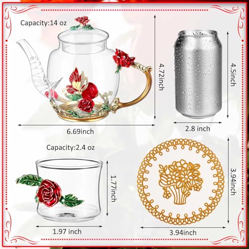 13 Pcs Glass Tea Set Rose Floral Vintage Teapot and Cups