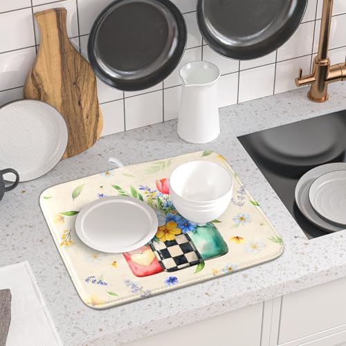 Spring Flower Vases Dish Drying Mat for Countertop