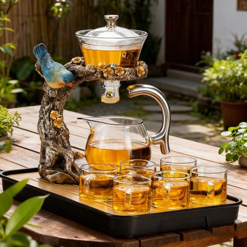 Lazy Kungfu Glass Tea Set Heat Resistant Semi Automatic Drip Rotating with Infuser Magnetic Teapot Set for Gongfu Tea Making Ideal