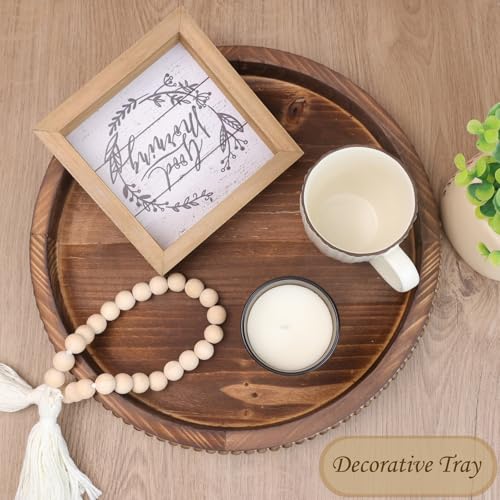 Round Burnt Wood Serving Tray with Beads