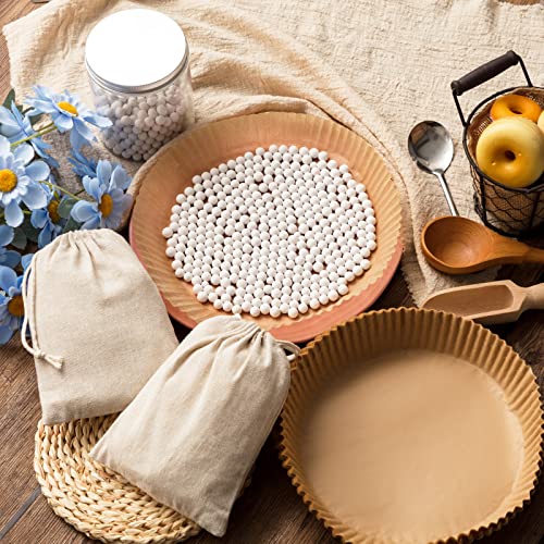 2 Pack 2 lb White Pie Weights for Baking Crust Reusable Ceramic Blind Baking Beans Stoneware with 50 Pcs Disposable Parchment Paper Pie Liner Fit 8
