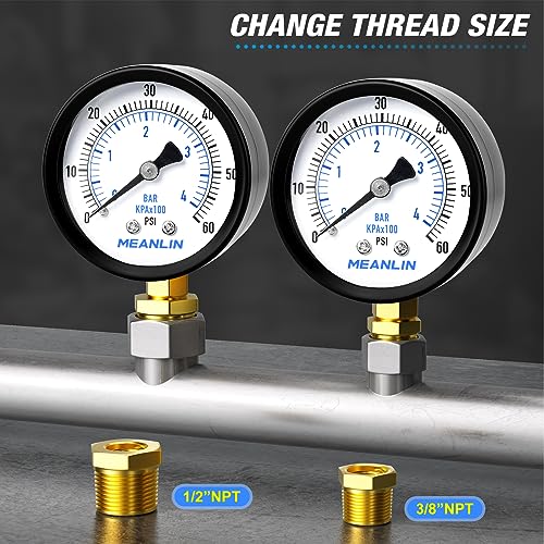 1/4" NPT 0-60Psi 2" Dial Face Well Pump Pressure Gauge, Lower Mount, Suitable for Water, Oil, Air Pressure Testing