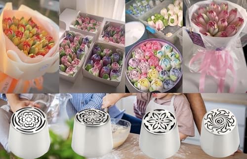 4pcs Russian Piping Tips Set Extra Large Stainless Steel Flower Icing Nozzles One Step Peony Carnation Dahlia Rose Tips for Cake Decorating ButtercreamCupcake Baking Supplies for Beginners (4 Count)
