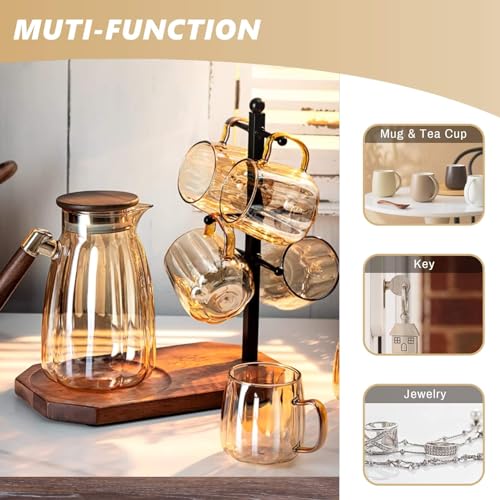 Mug Tree for Large Mugs With 6 Hooks and Coffee Pot Tray