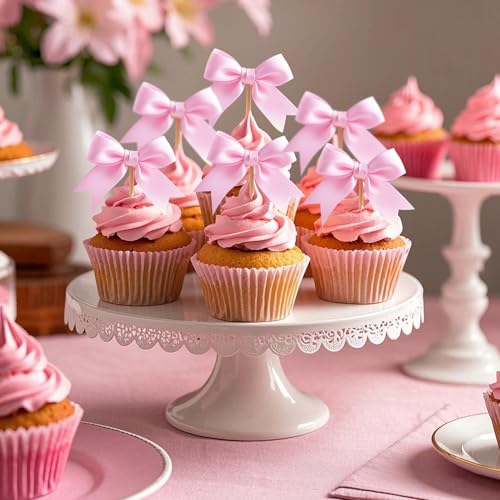 24Pcs Pink Bow Cupcake Toppers (24 Count)