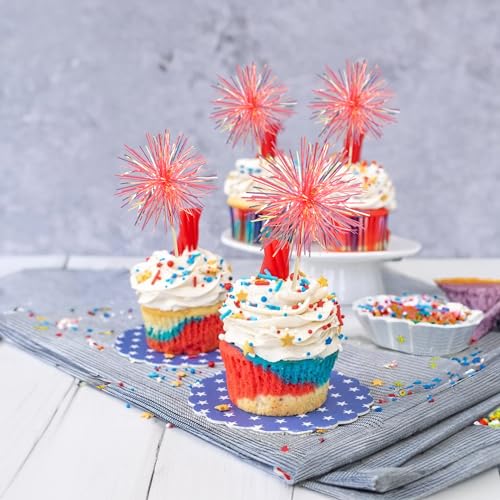30Pcs Foil Firework Cupcake Toppers Sparkle Tinsel Cake Toppers Tinsel Drink Cake Decoration Cocktail Picks for Birthday Wedding Graduation Party Supplies Laser Orange (30 Count)