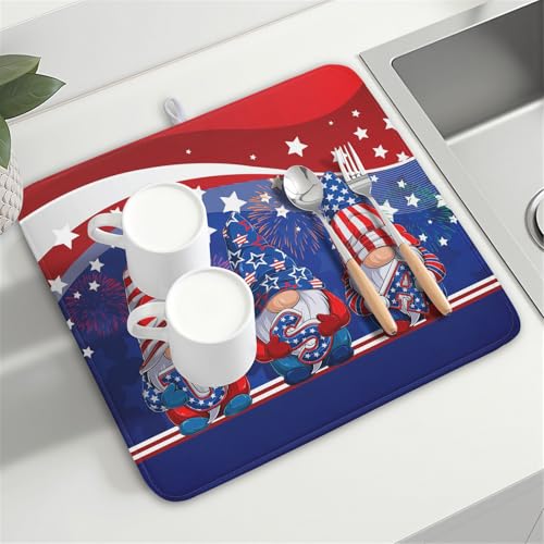 4th of July Dish Drying Mat 16x18 Inch Spring Summer Patrioti Gnome Memorial Kitchen Mats Independece Day Absorbent Dishes Pad for Kitchen Counter Usa Stars Drying Mat Home Decor Countertops