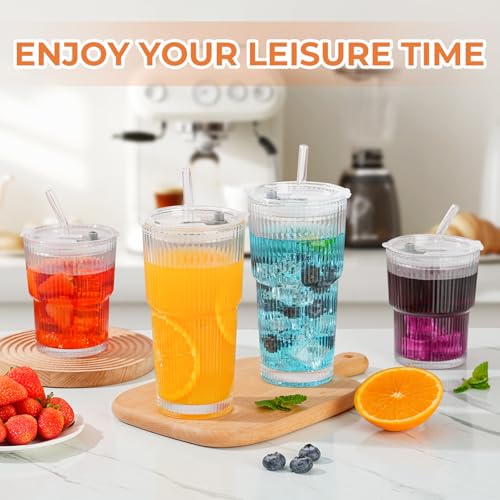 4 Pack 14&20 Oz Glass Cups with Lids and Straws Iced Coffee Cups Vintage Ribbed Glassware for Beer Ice Coffee Fruit Juice Elegant Aesthetic Cup Glass Iced Coffee Tumbler Include 2 Cleaning Brushes