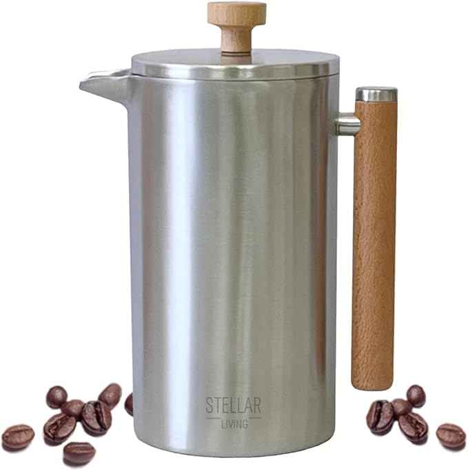Stellar Living 34 OZ Stainless Steel French Press Coffee Maker with Double Vacuum Insulation, Maximum Flavor Coffee Brewer, Tea and Coffee Press, Camp Coffee Maker - Matte Silver with Wooden Handle