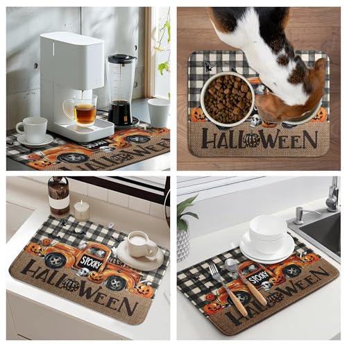 Halloween Buffalo Plaid Dish Drying Mat Fall Pumpkin Rustic Large Kitchen Mats Dish Drying Pad Absorbent Dish Dryer Mat for Kitchen Countertops Microfiber Drainer Pad Dish Drying Mats