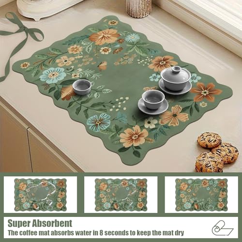 Scalloped Bohemian Boho Floral Flower Coffee Bar Mat Dish Drying Mats for Kitchen Counter