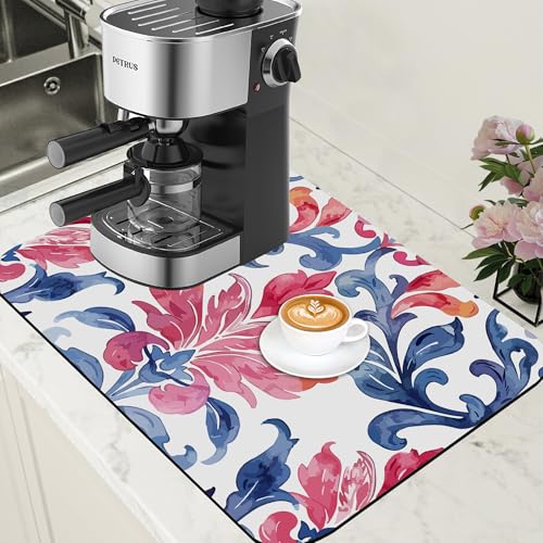 Blue and Pink Damask Coffee Mat Absorbent Dish Drying Mat for Kitchen Counter Hide Stain Coffee Bar Accessories with Rubber Backed Fit Under Espresso Machine Cafe Table