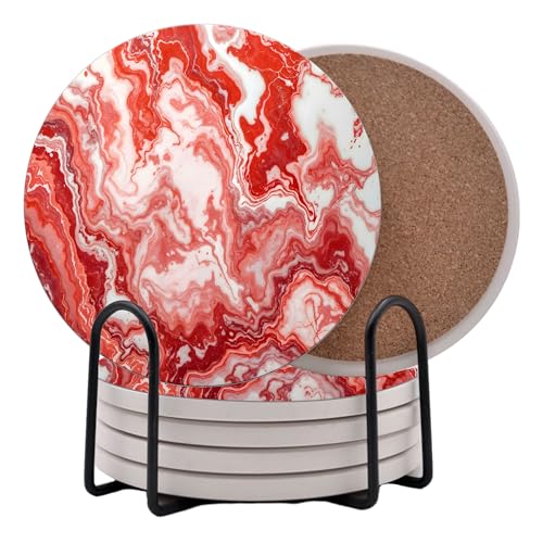 Light Red Agate Marble Round Coasters Set of 6