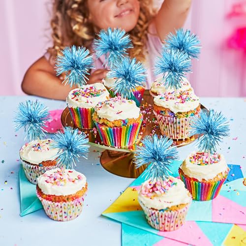 30Pcs Foil Firework Cupcake Toppers Sparkle Tinsel Cake Toppers Tinsel Drink Cake Decoration Cocktail Picks for Birthday Wedding Graduation Party Supplies Lake Blue (30 Count)