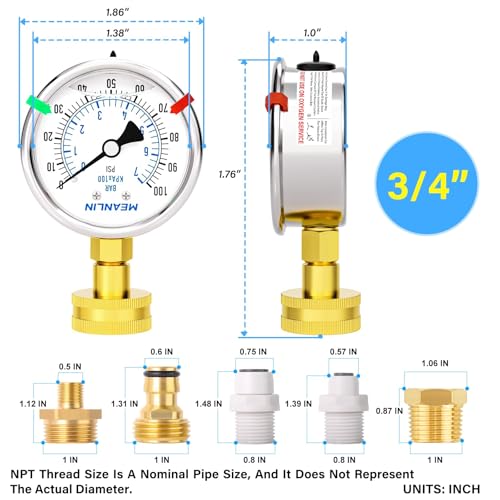 0~100Psi Liquid Filled Pressure Gauge kit Plus 5 adapters Stainless Steel Frame 3
