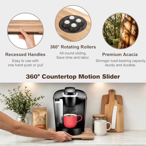 360°Rolling Tray Acacia Wood Kitchen Appliance Slider for Coffee Maker Pot