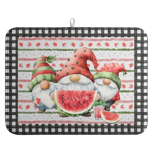 Summer Gnomes Dish Drying Mat Watermelon Buffalo Plaid Large Kitchen Dish Drying Pad Absorbent Drying Mat for Countertops Dish Dryer Mat Microfiber Dishes Drainer Pad Dish Drying Rack Mat 18x24 in