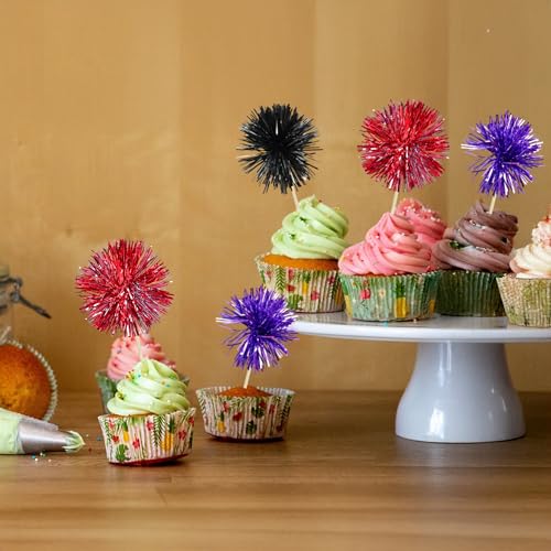 30Pcs Foil Firework Cupcake Toppers Sparkle Tinsel Cake Toppers Tinsel Drink Cake Decoration Cocktail Picks for Halloween Birthday Wedding Graduation Party Supplies Purple Black Red (30 Count)
