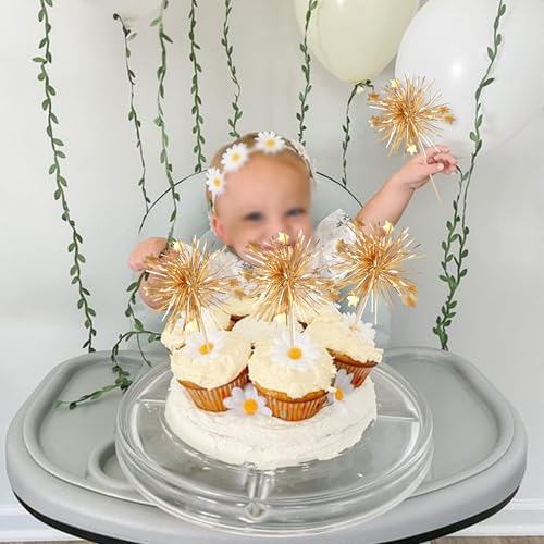 30 PCS Foil Firework Cupcake Toppers Happy Birthday Cake Toppers Star Sparkle Tinsel Flower Drink Stirrers Cocktail Fruit Toothpicks for Valentine's Day Baby Shower Birthday Party Supplies Gold (30 Count)