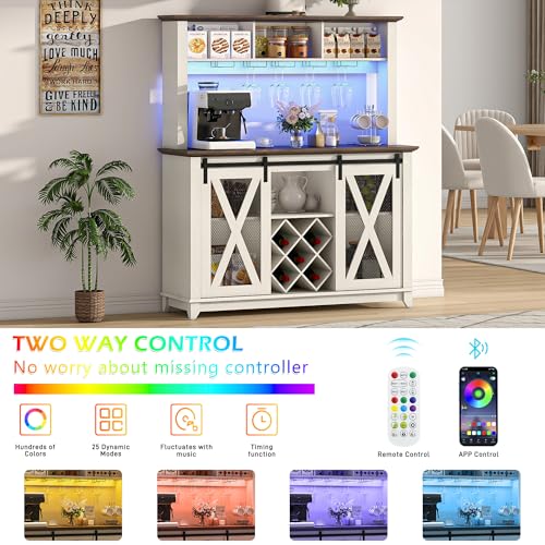 47" Wide 56" H Farmhouse Coffee Bar Cabinet with Power Outlet and LED Light