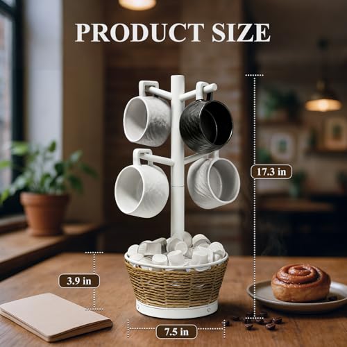 Wood Mug Holder Tree with Woven Basket