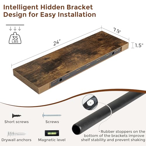 24 Inch Floating Shelves for Wall Rustic Brown Shelves Set of 2 (2 Count)
