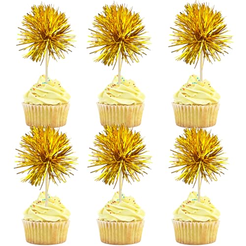 30Pcs Foil Firework Cupcake Toppers Sparkle Tinsel Cake Toppers Tinsel Drink Cake Decoration Cocktail Picks for Birthday Wedding Graduation Party Supplies Dark Gold (30 Count)