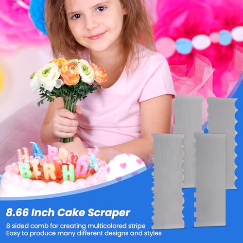 4 Pieces Stainless Steel Cake Scraper 10 Inch and Sided Patterned Edge Stripe Edge Smoother Scraper Cake Decorating Comb Cake Pastry Cutter for Mousse Butter Cream Cake Decoration (4 Count)