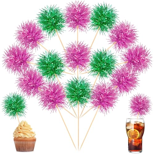 100 Pcs Pink and Green Foil Firework Witch Cupcake Toppers Party Favors Sparkle Tinsel Cake Toppers Cake Decoration Cocktail Fruit Toothpick for Birthday Wedding Graduation Party
