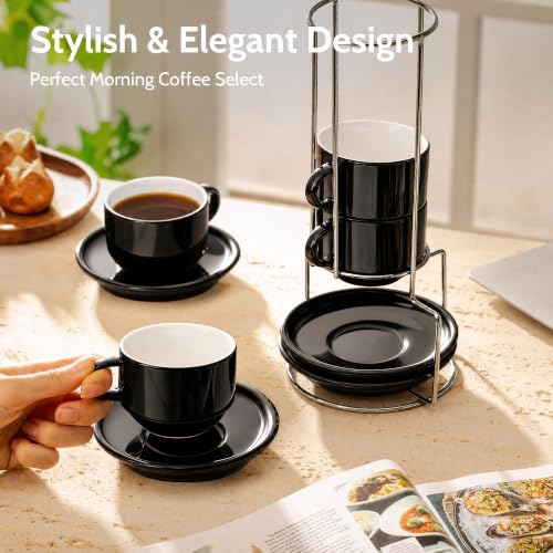 8 Ounce Stackable Cappuccino Cups with Saucers and Metal Stand (4 Count)