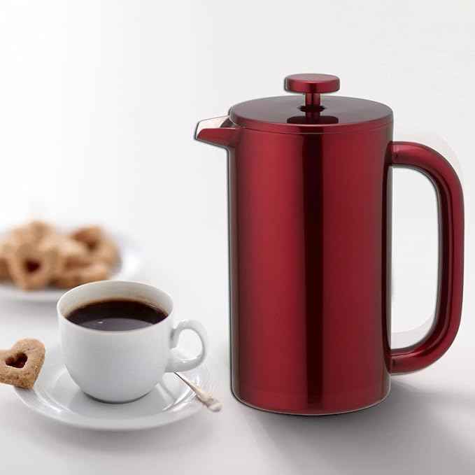 8-Cup Double Wall Insulated Stainless Steel French Coffee Press, 32-Ounce Durable Coffee Tea Maker with Stainless Steel Plunger, Red