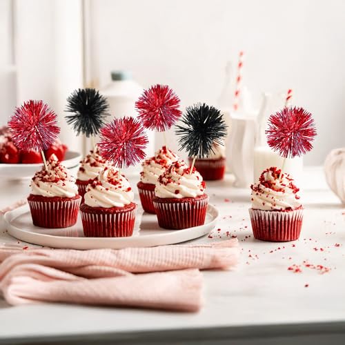 30Pcs Foil Firework Cupcake Toppers Party Birthday Cake Toppers Supplies Sparkle Tinsel Cocktail Fruit Toothpick for Birthday Wedding Graduation Party Supplies Black Red (30 Count)