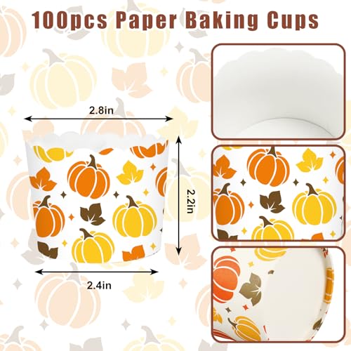 100Pcs Fall Paper Baking Cups Pumpkin Maple Leaf Cupcake Wrappers Orange Yellow Brown Scalloped Edge Cupcake Muffin Cases for Autumn Thanksgiving Dessert Decoration (100 Count)