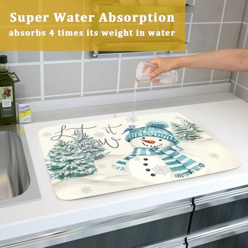 Blue Snowman Dish Drying Mat Xmas Trees Bird Winter Snowy Scene Dish Drainer Mats 18"x24" Microfiber Reversible Dish Drying Rack Pad Protector for Kitchen Countertop Decor